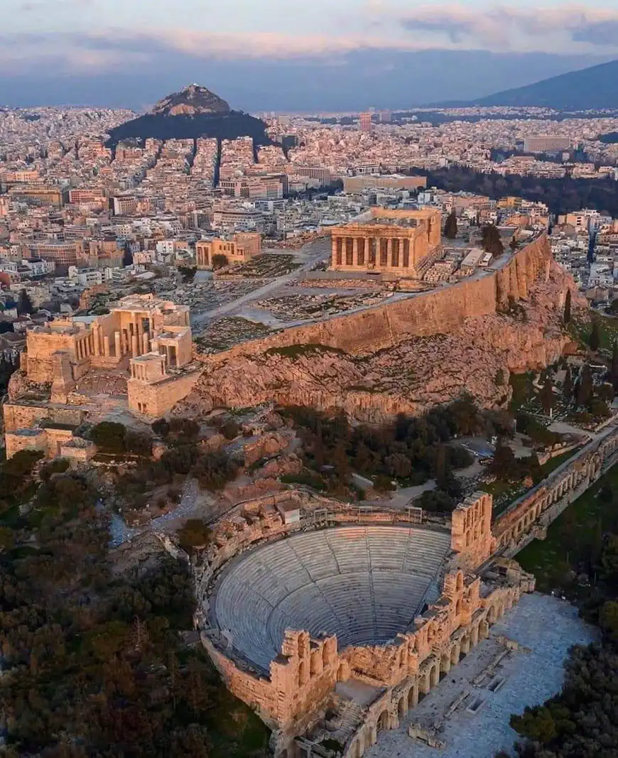 Aerial panorama over ancient Athens including the Acropolis and surrounding sites, perfect for a private tour experience.